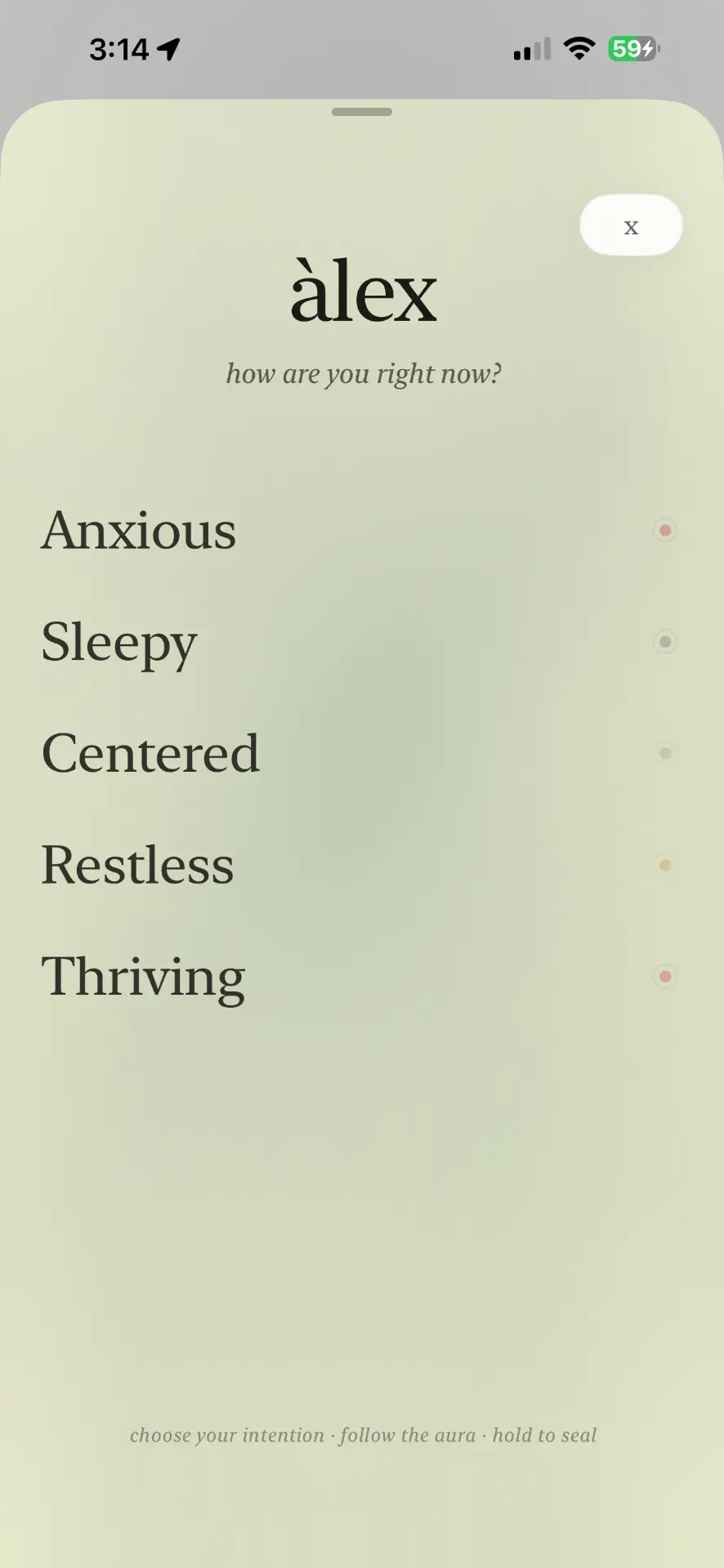 The àlex app mood check-in screen asking how are you right now