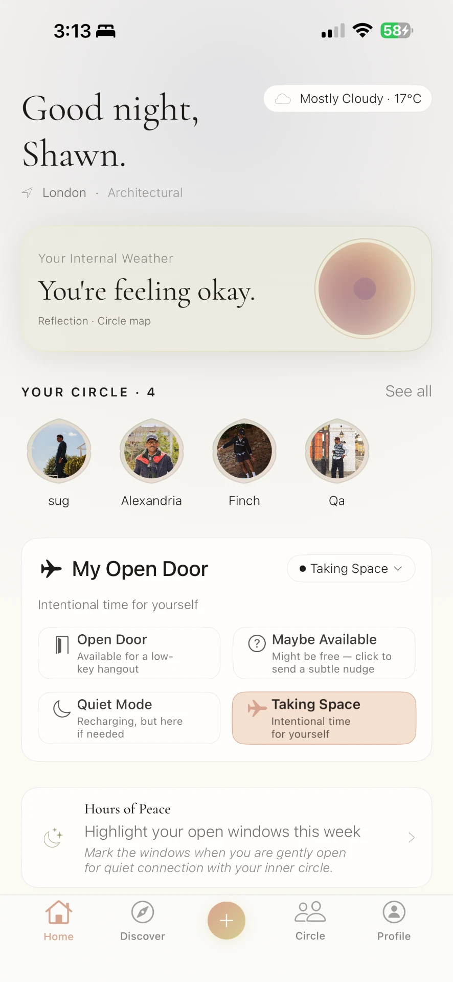 àlex home screen — inner circle and open door